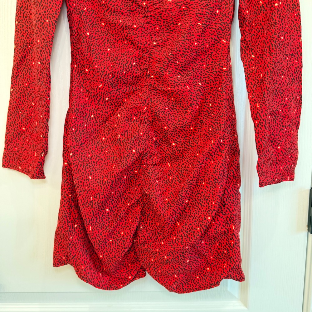 ZARA Red Animal Print Ruched Mini Dress Long Sleeve V Neck Draped Date Night XS - Picture 3 of 10